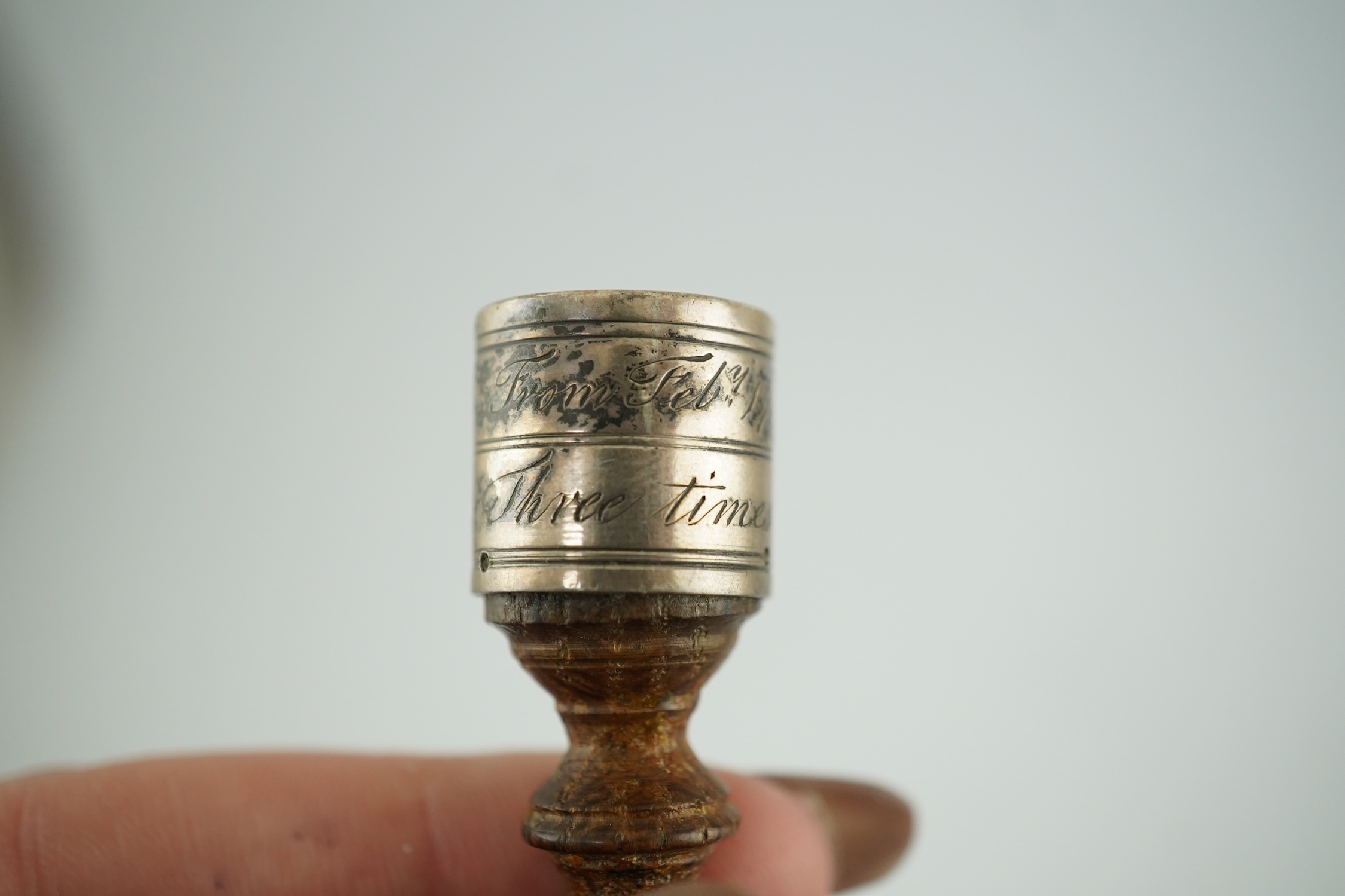 Australian Interest - an antique silver mounted treen miniature tipstaff inscribed 'William Raven, Commander Ship Britannia, From Feby 1792 to June 1797 - Three Times Round the World'. 6cm high. Condition - good